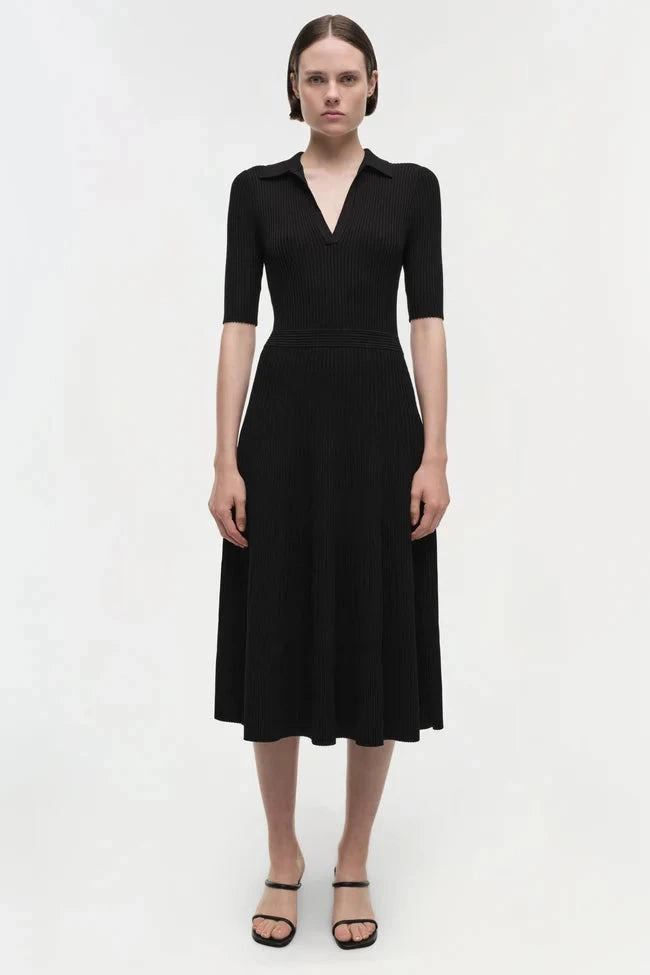 Soft Fabric Night Mood Signature Pati Polo Midi Dress Black
