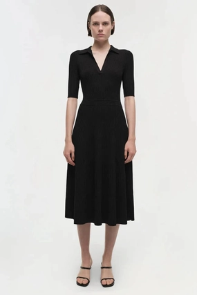 Soft Fabric Night Mood Signature Pati Polo Midi Dress Black