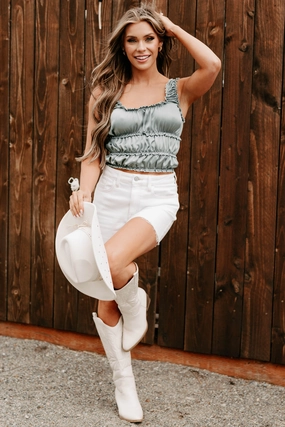 Luxe On Loop Ruched Satin Sleeveless Top (Sage Green) summer look