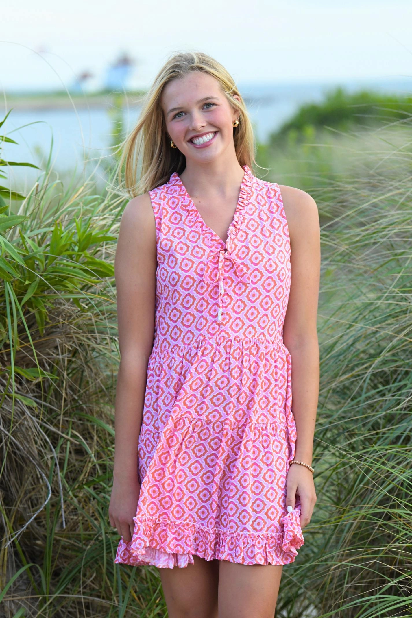 breathable fabric dress Tassel-Detail Kaia Dress Short / Orange & Pink Tiles