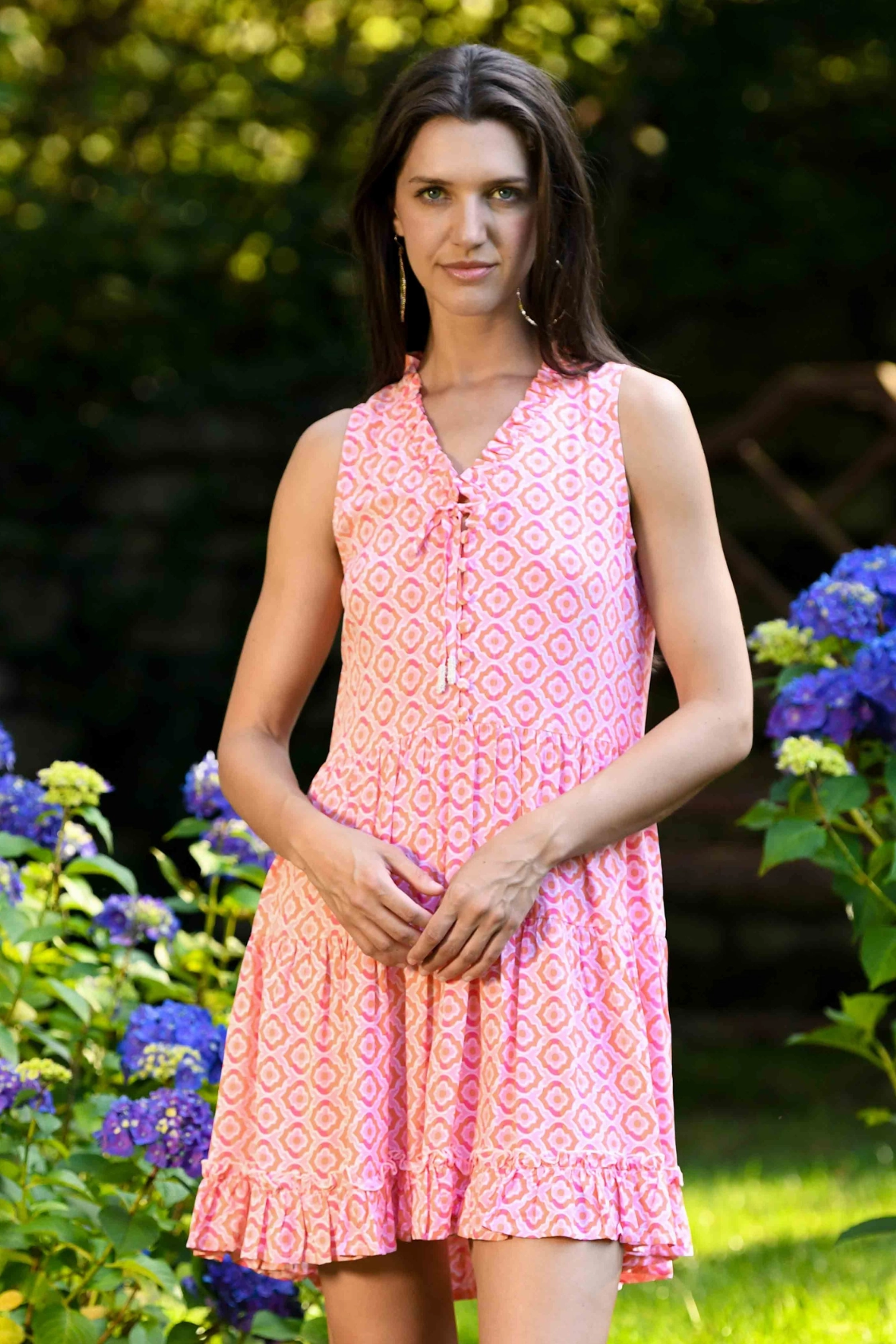 Satin Glow Feminine Layers Kaia Dress Short / Orange & Pink Tiles