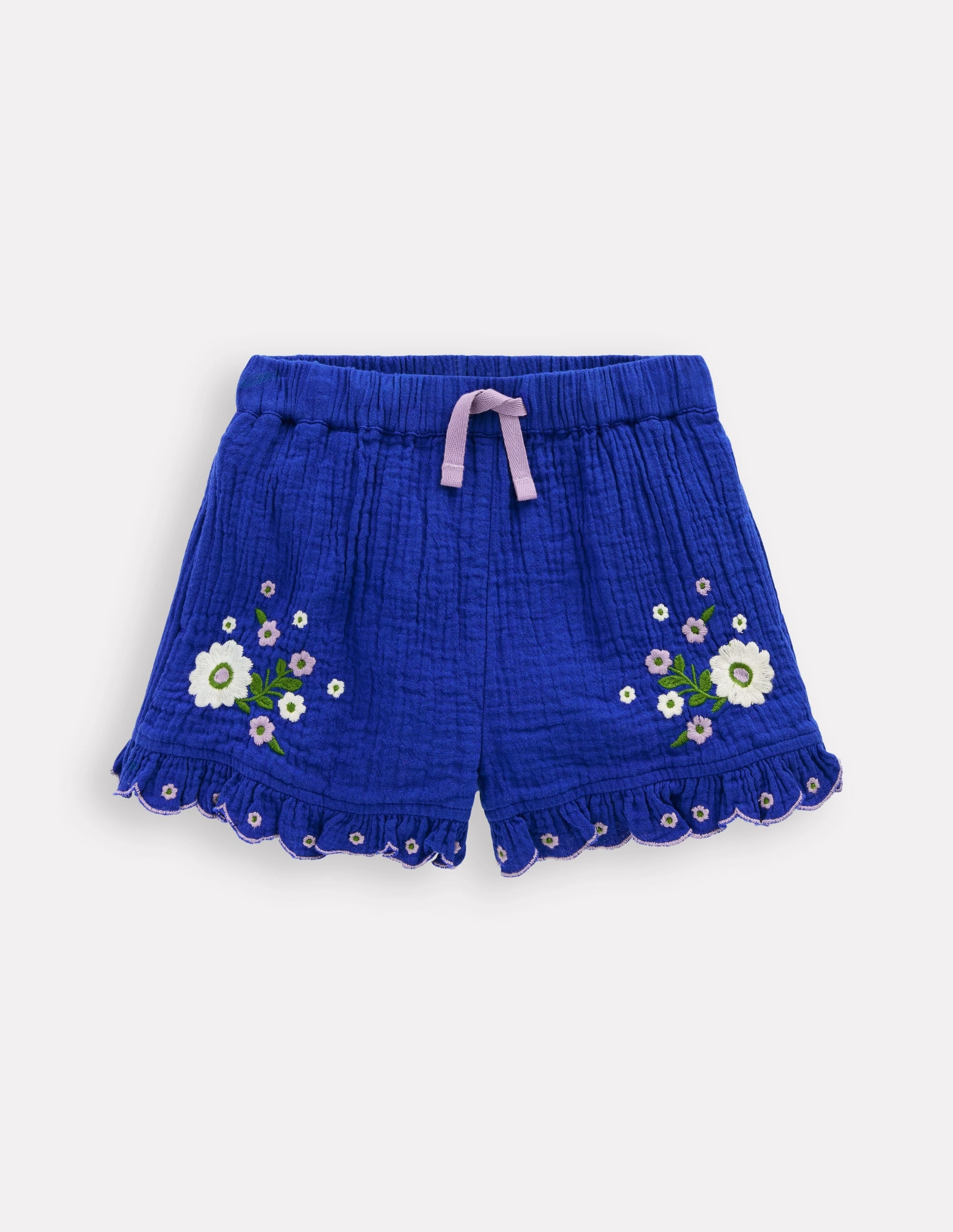 Double Cloth Frill Hem Shorts-Bright Blue Embroidered Active Mode Chilly Weather