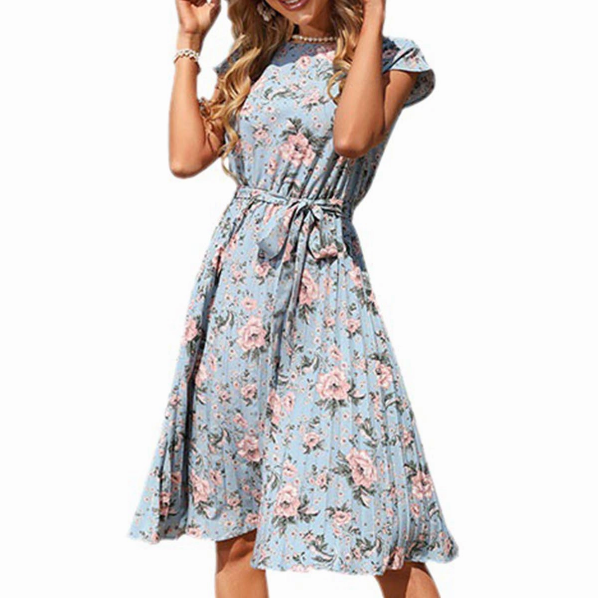 Stylish Comfort Casual and Comfy Blue floral print holiday dress_CWDSD3390