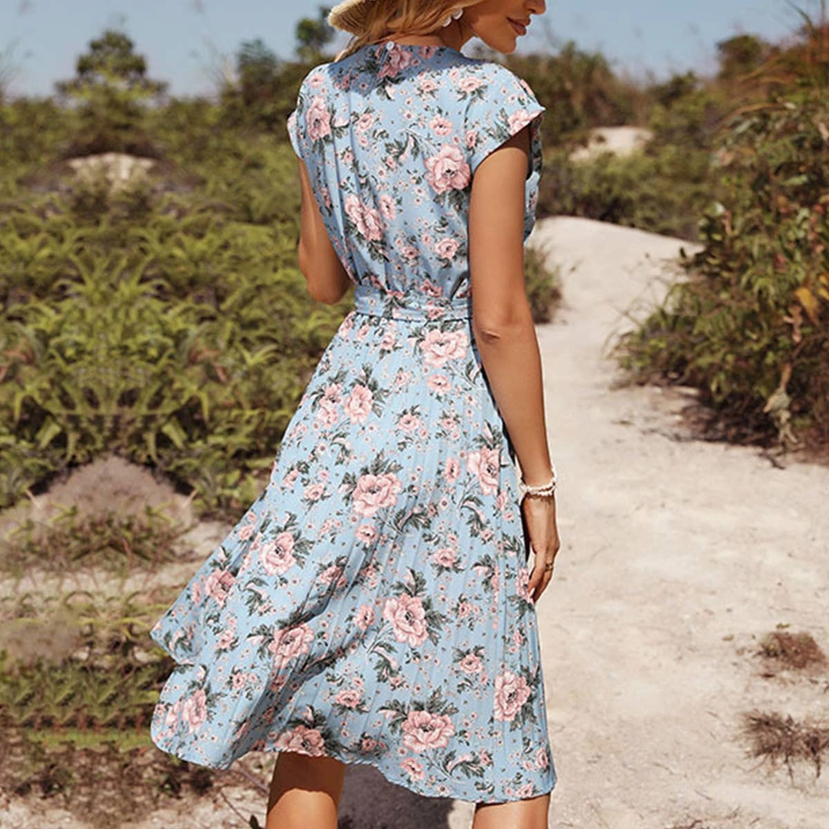 Blue floral print holiday dress_CWDSD3390 Luxe Wear