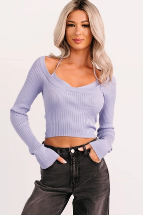 Lightweight Knit ButtonDownCollar Main Character Era Layered Ribbed Knit Top (Lavender)
