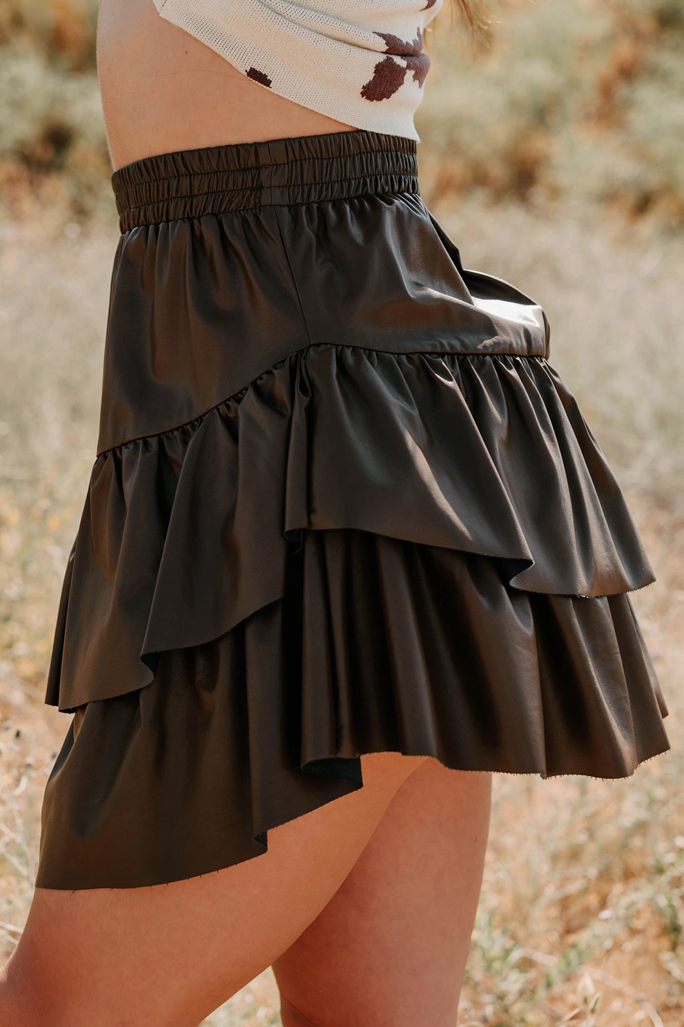 Soft Styling Make My Day Faux Leather Ruffle Mini Skirt (Chocolate)
