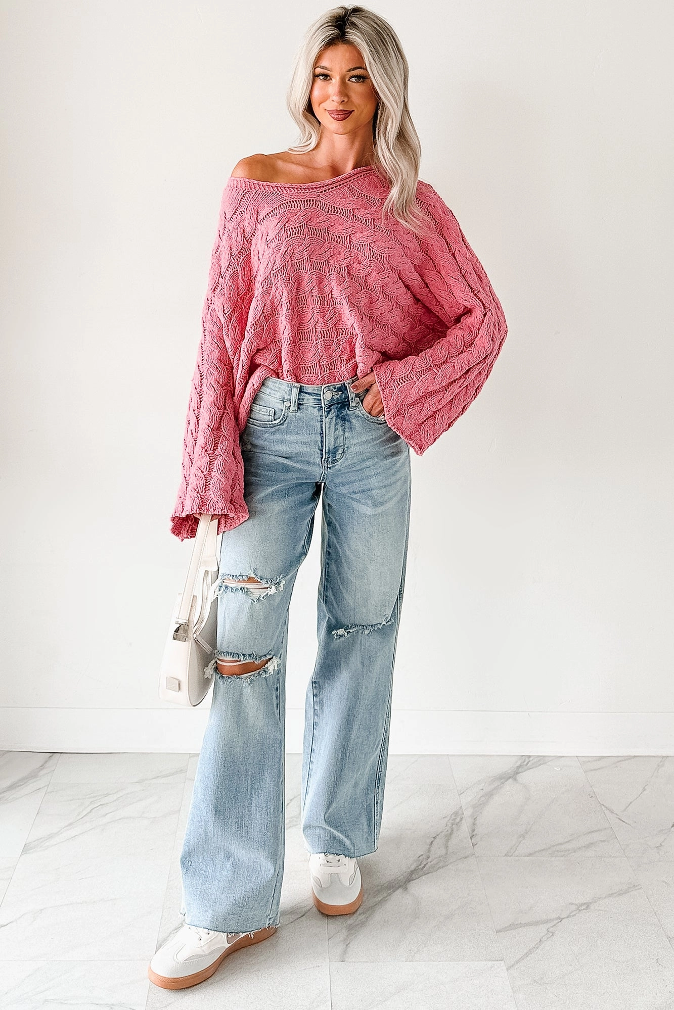 Making My Way Cable Knit POL Sweater (Pink) Stretch Fit FullCut Shoulder