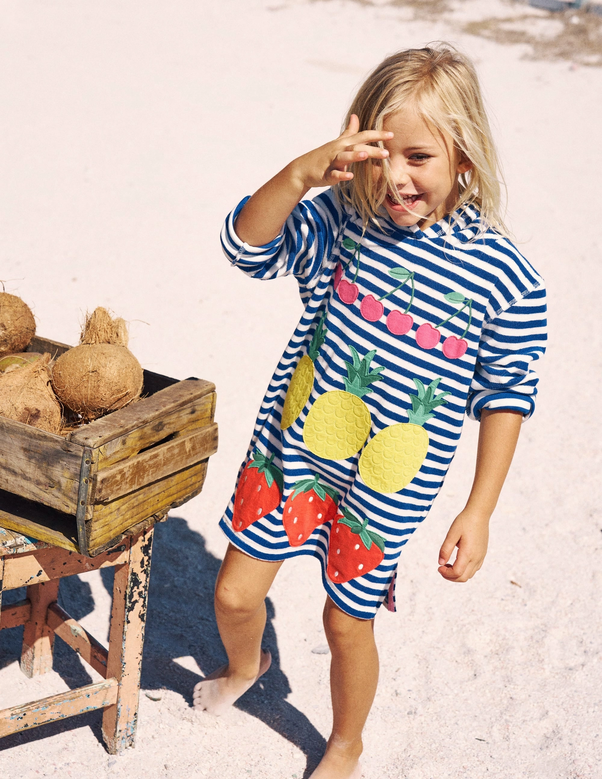 Mara Towelling Throw-On-Bright Blue Fruit Stripe Racerback Support Button-Accents