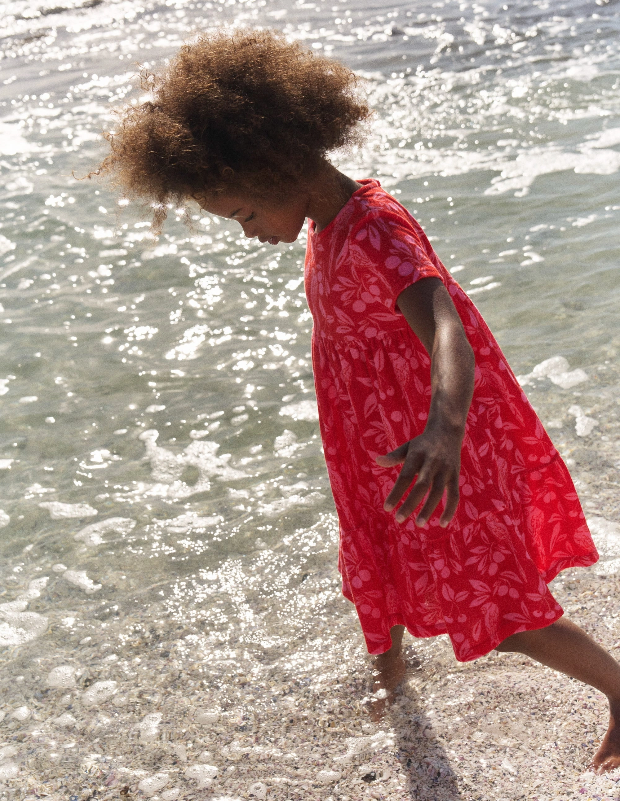 Fluid Fabric Everyday Wear Ariel Twirly Towelling Dress-Poppy Red Parrot Palm