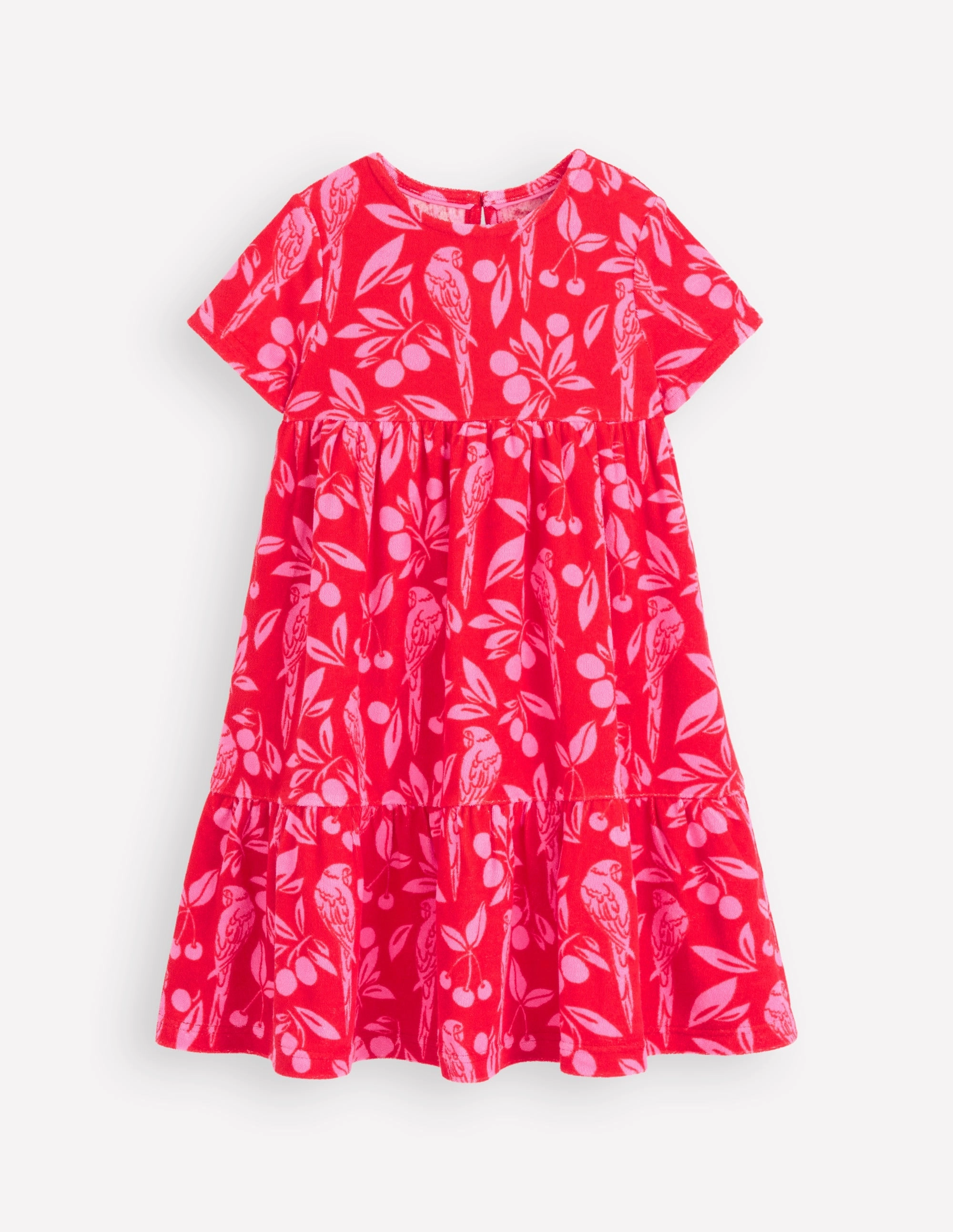 Ariel Twirly Towelling Dress-Poppy Red Parrot Palm Drapey Fabric Fashionable outfit for outings