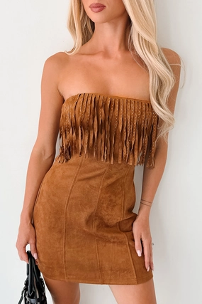 Versatile dress for layering Bold Mood Country Dreams Suede Fringe Mini Dress (Brown)