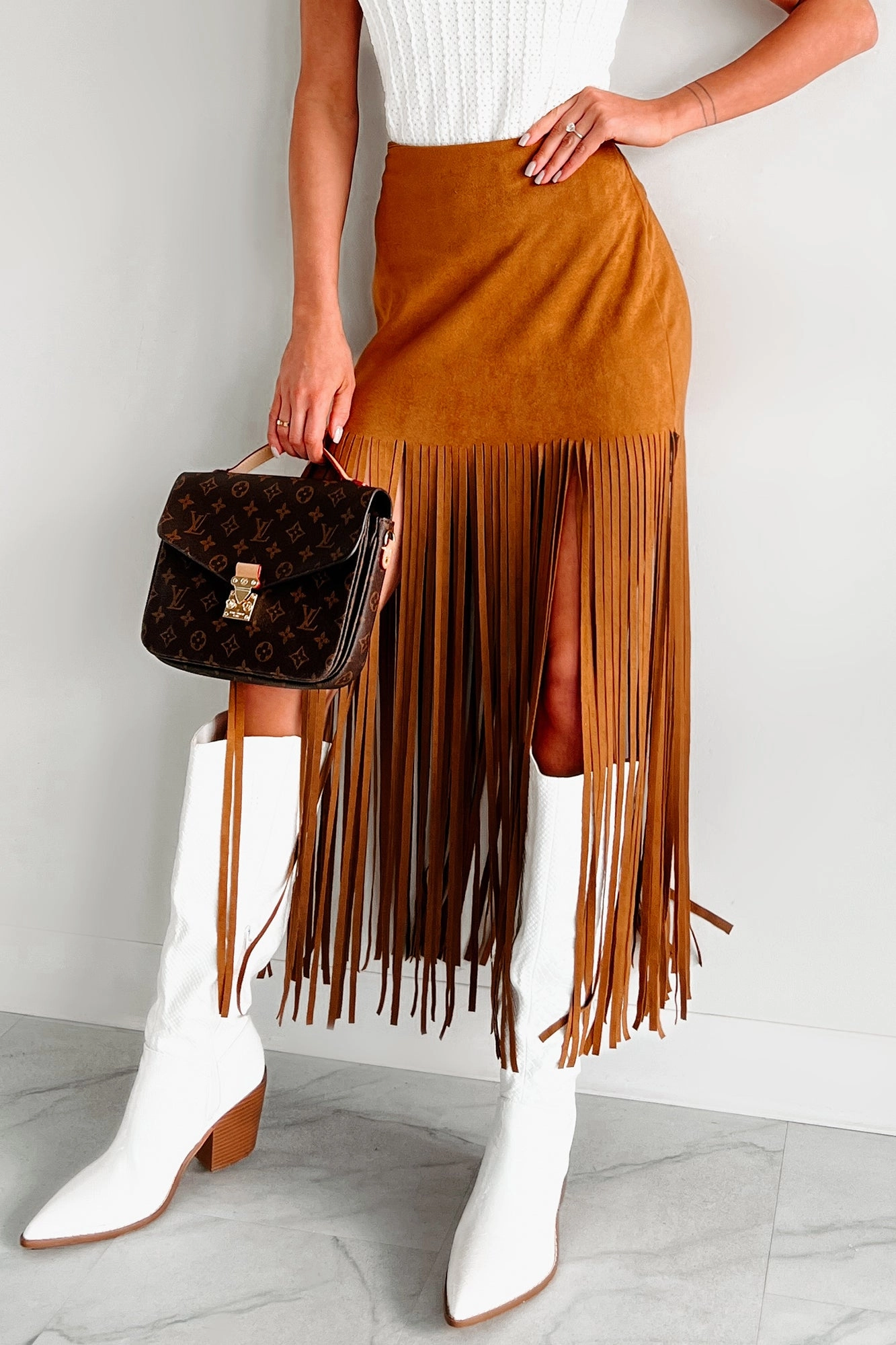 High Waist Stretch Merla Faux Suede Fringe Skirt (Camel)