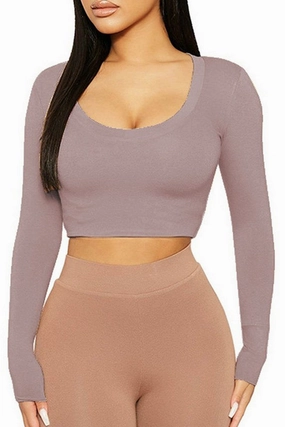 WOMEN SEXY U NECK LONG SLEEVE CROP TIGHT TOP QuickDry Performance