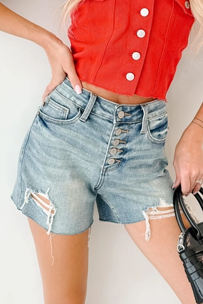 Dagwood Judy Blue Mid Rise Button Fly Distressed Shorts (Medium) Breezy Layer Fit