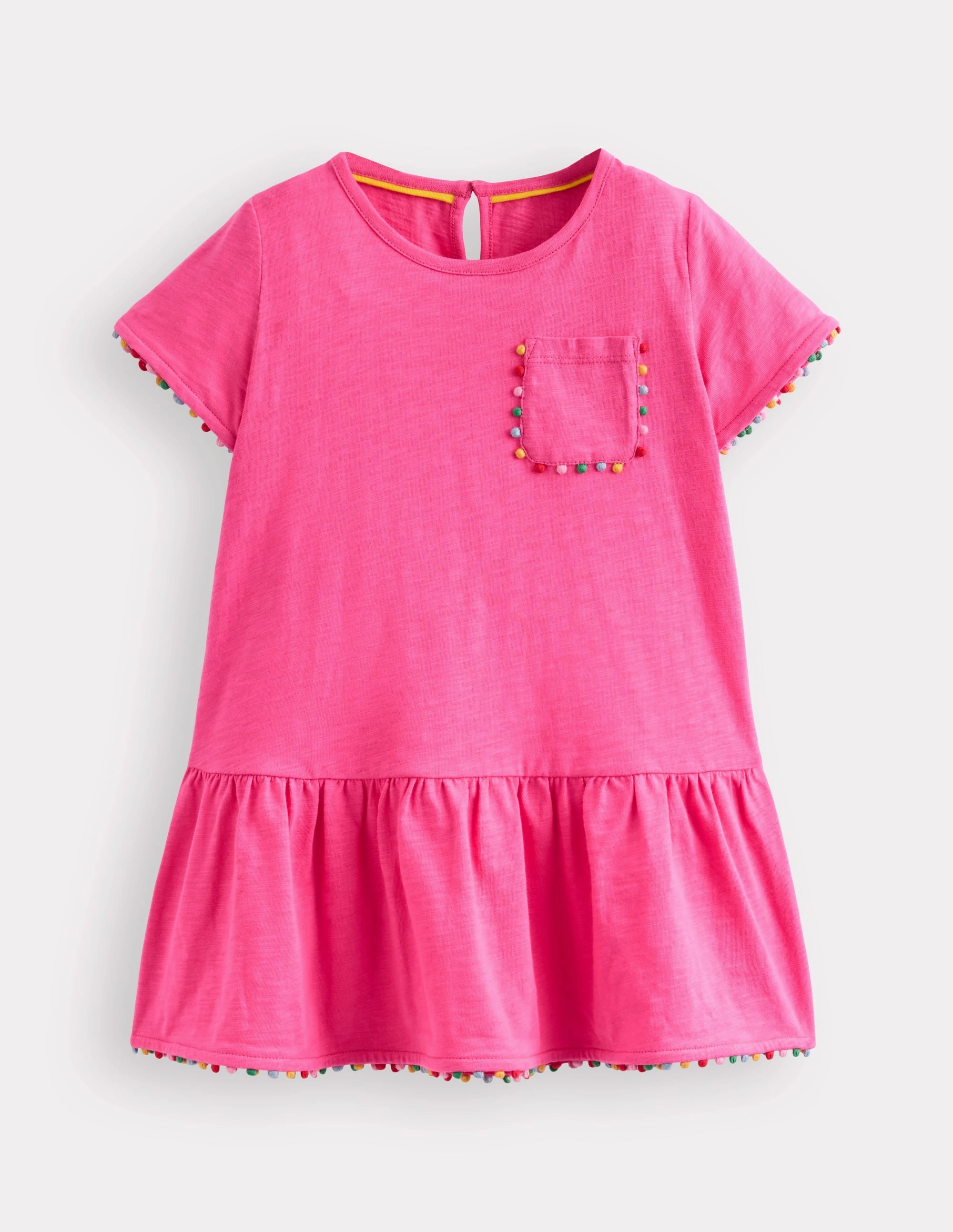 Dropped Waist Pom Tunic-Flamingo Pink ZipClosure Low Profile Collar
