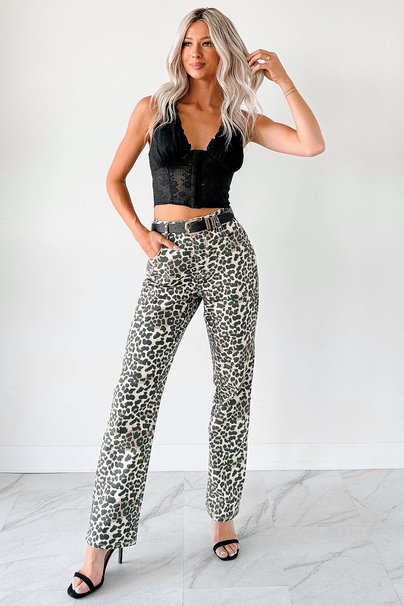 Calista High Rise Straight Leg Saige Denim Jeans (Leopard) Heat Control