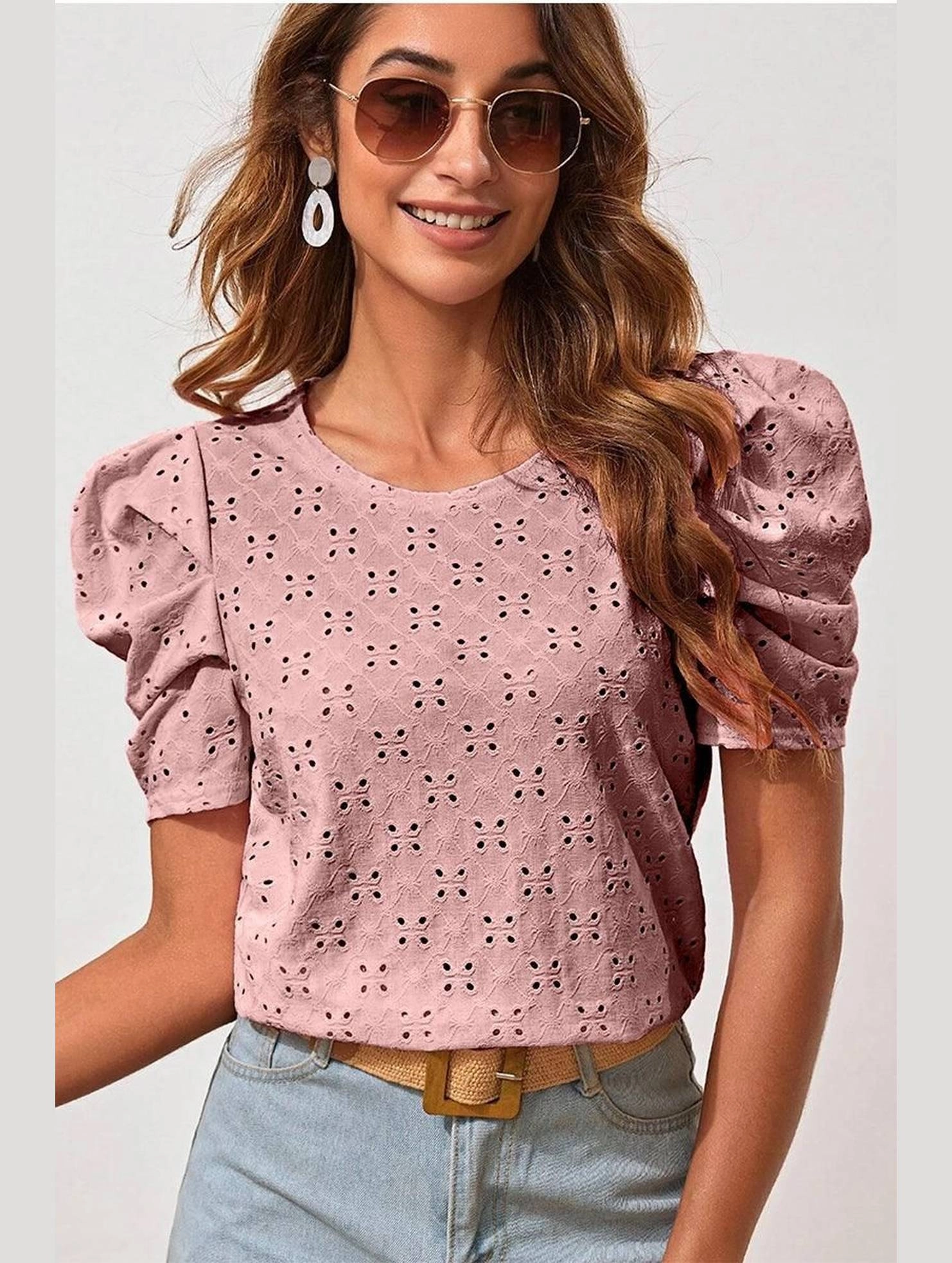 Easy Care Material PUFF SHOULDER ROUND NECK SHORT CASUAL TOP