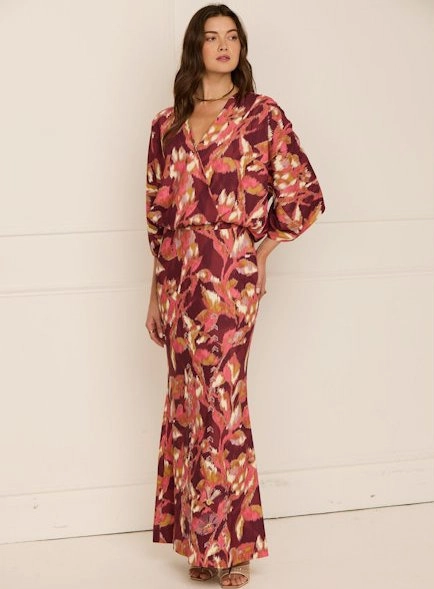 Mirabel Top Ikat Foliage Bordeaux Red Outdoor Wear RawHemDetail