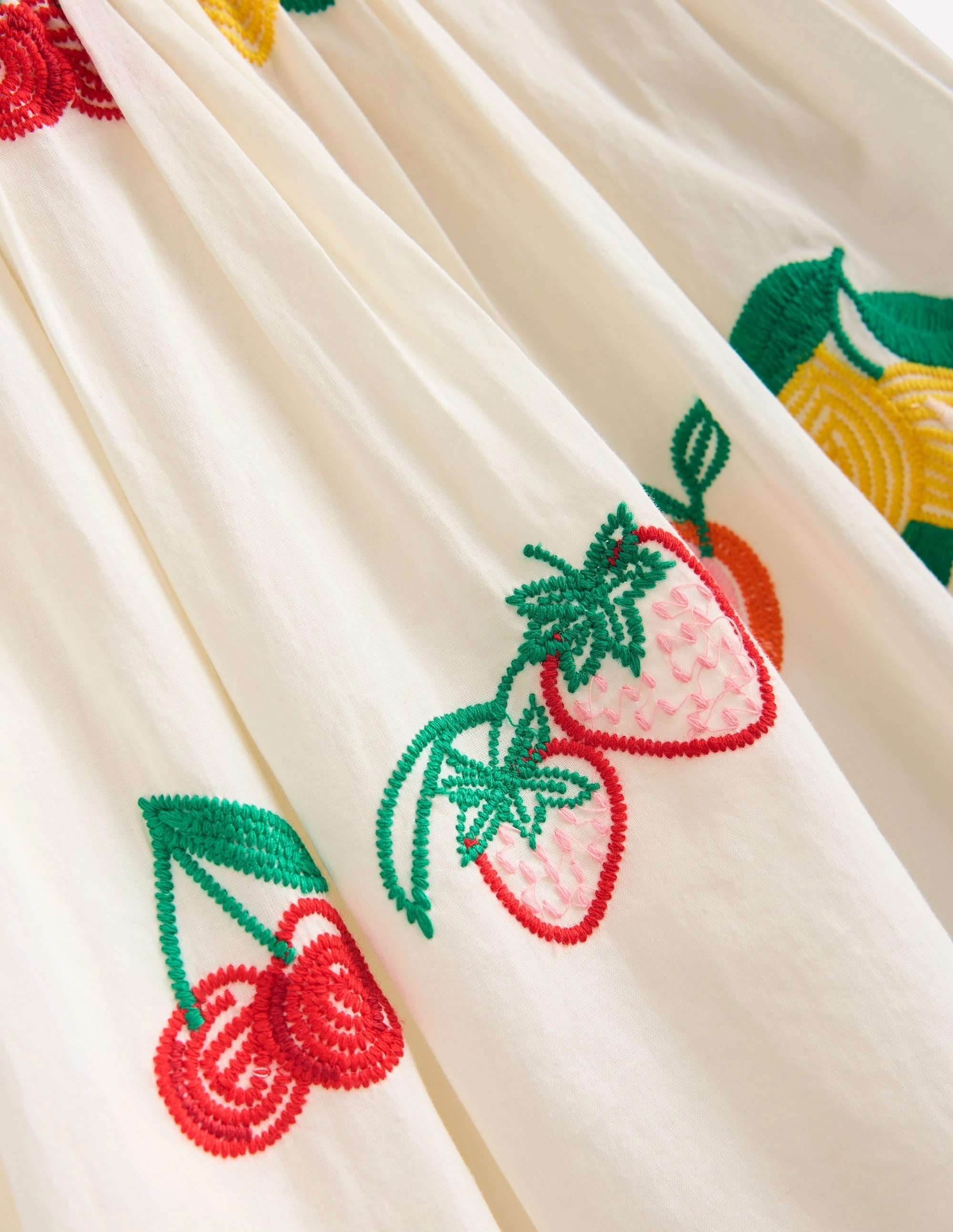Embroidered Woven Dress-Ivory Embroidered Fruit Daily Essential Work Look