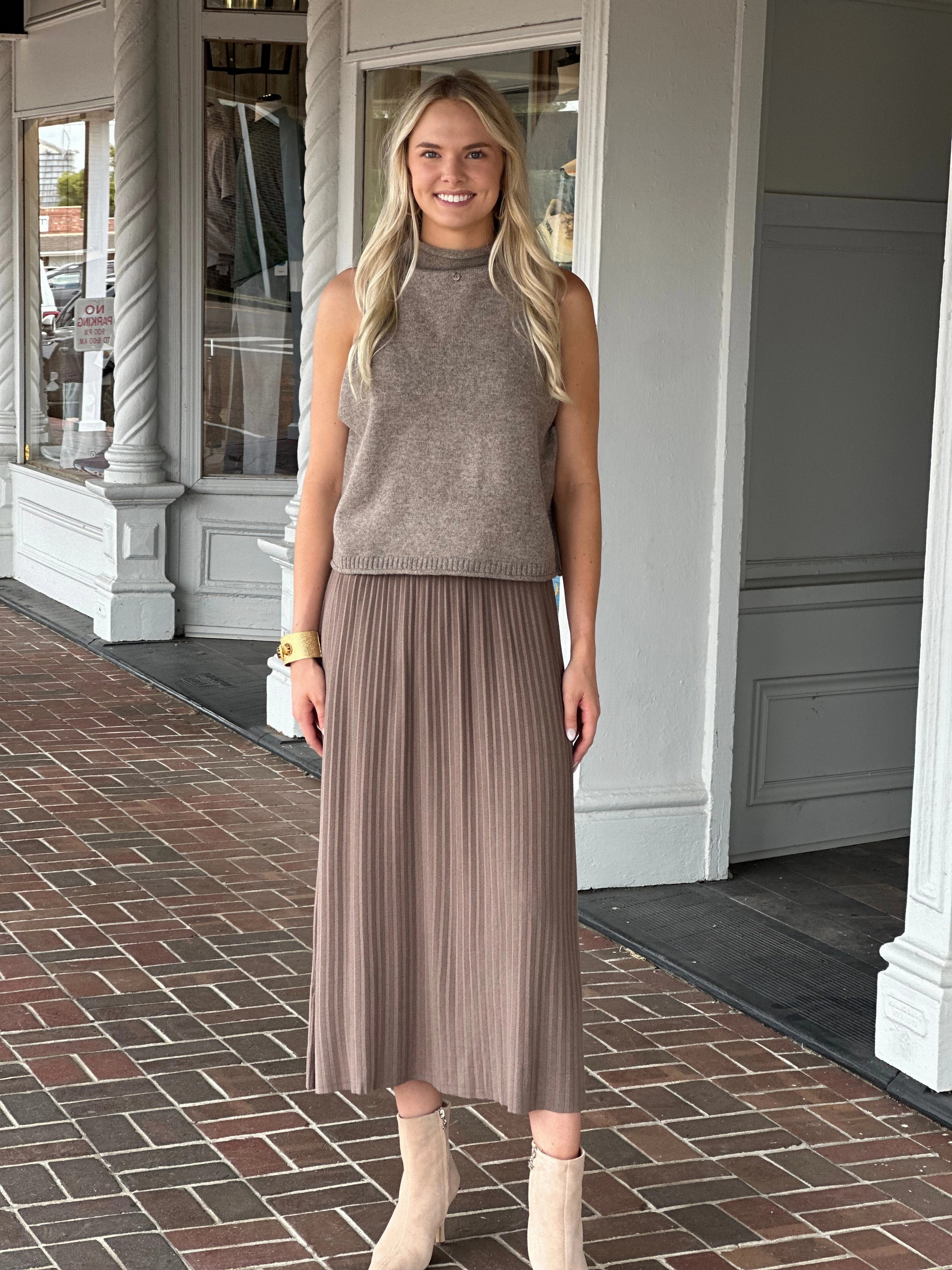 Mocha Pleated Midi Skirt Simple Flow Minimal Design