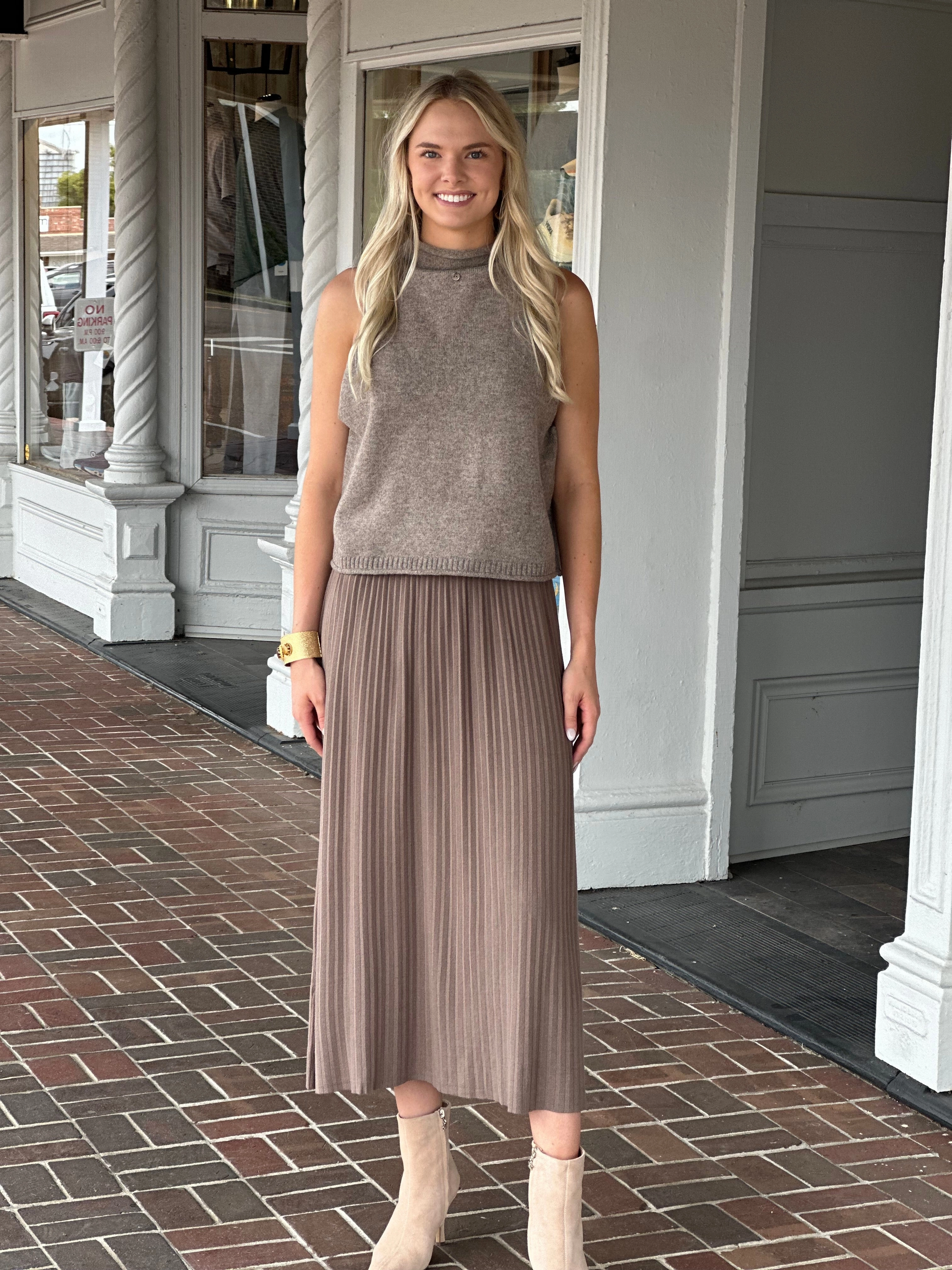 Mocha Pleated Midi Skirt Stretchy Chill Tones