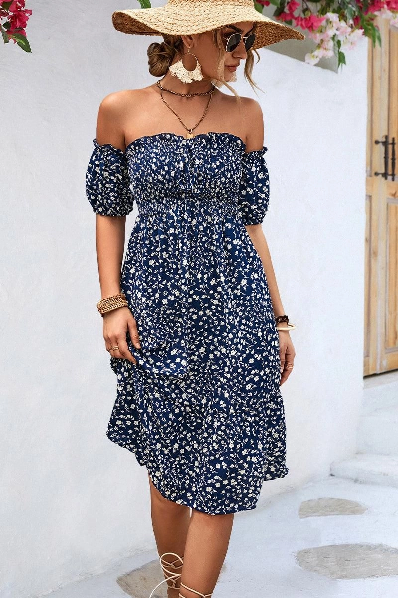 Perfect Cut Slim Touch PATTERNED OFF SHOULDER PUFF SLEEVE DRESS