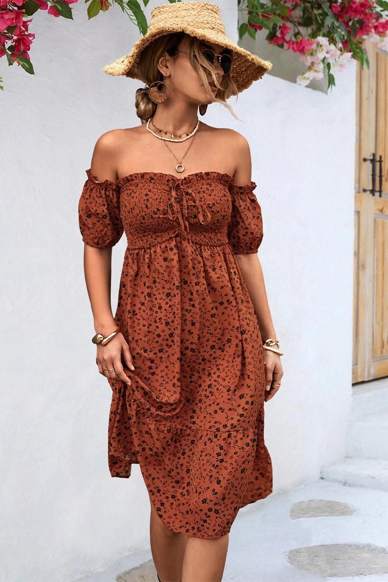 PATTERNED OFF SHOULDER PUFF SLEEVE DRESS Transitional Style Event Perfect