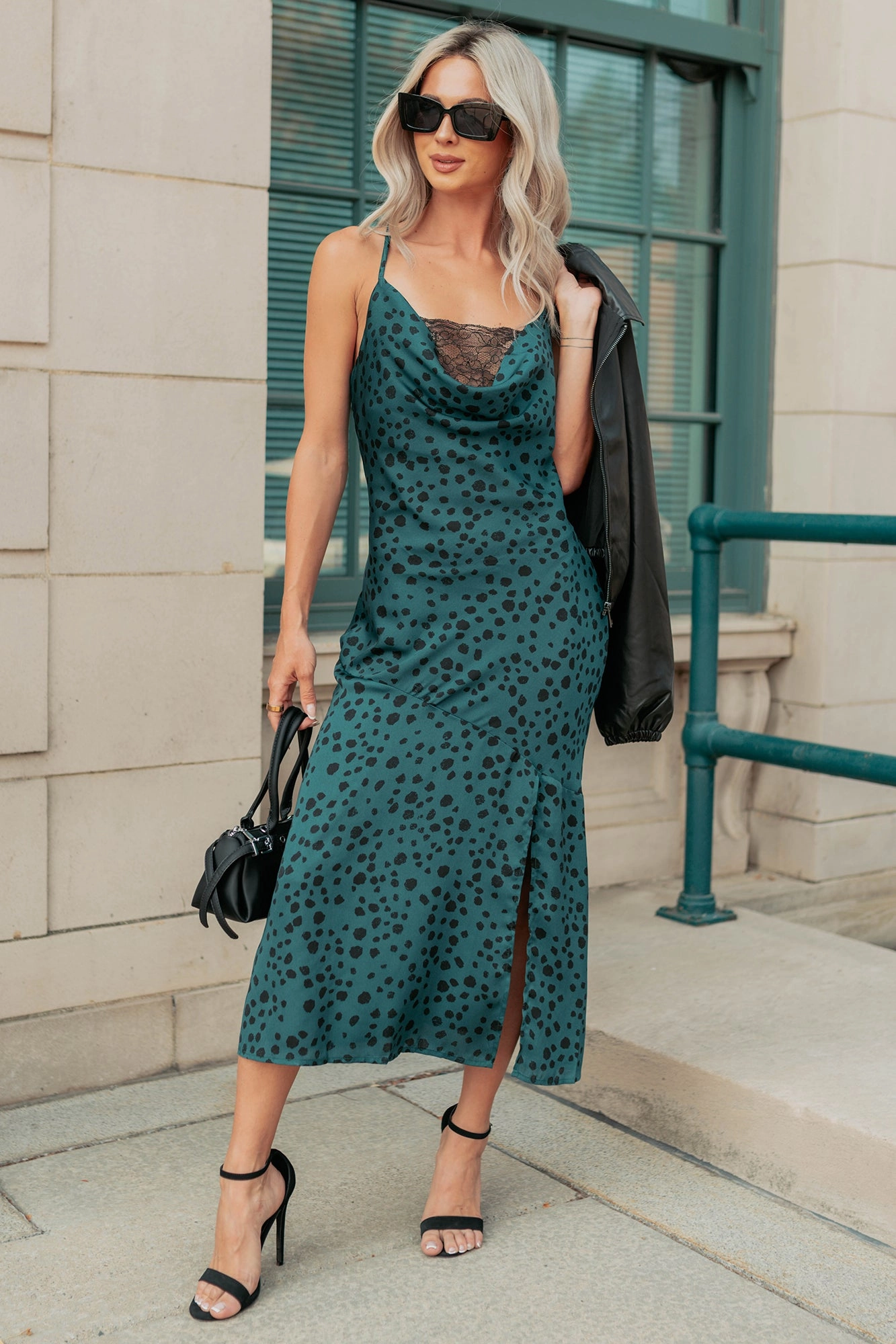 everyday elegance Full Potential Sleeveless Polka Dot Midi Dress (Teal)