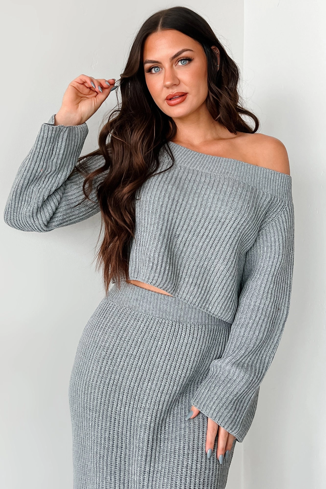 YarnDyed Stripes WeightedHem Something To Remember Off The Shoulder Sweater (Heather Grey)