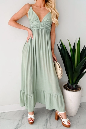 Button-Cuff Rolling Hills Sleeveless Maxi Dress (Moss)