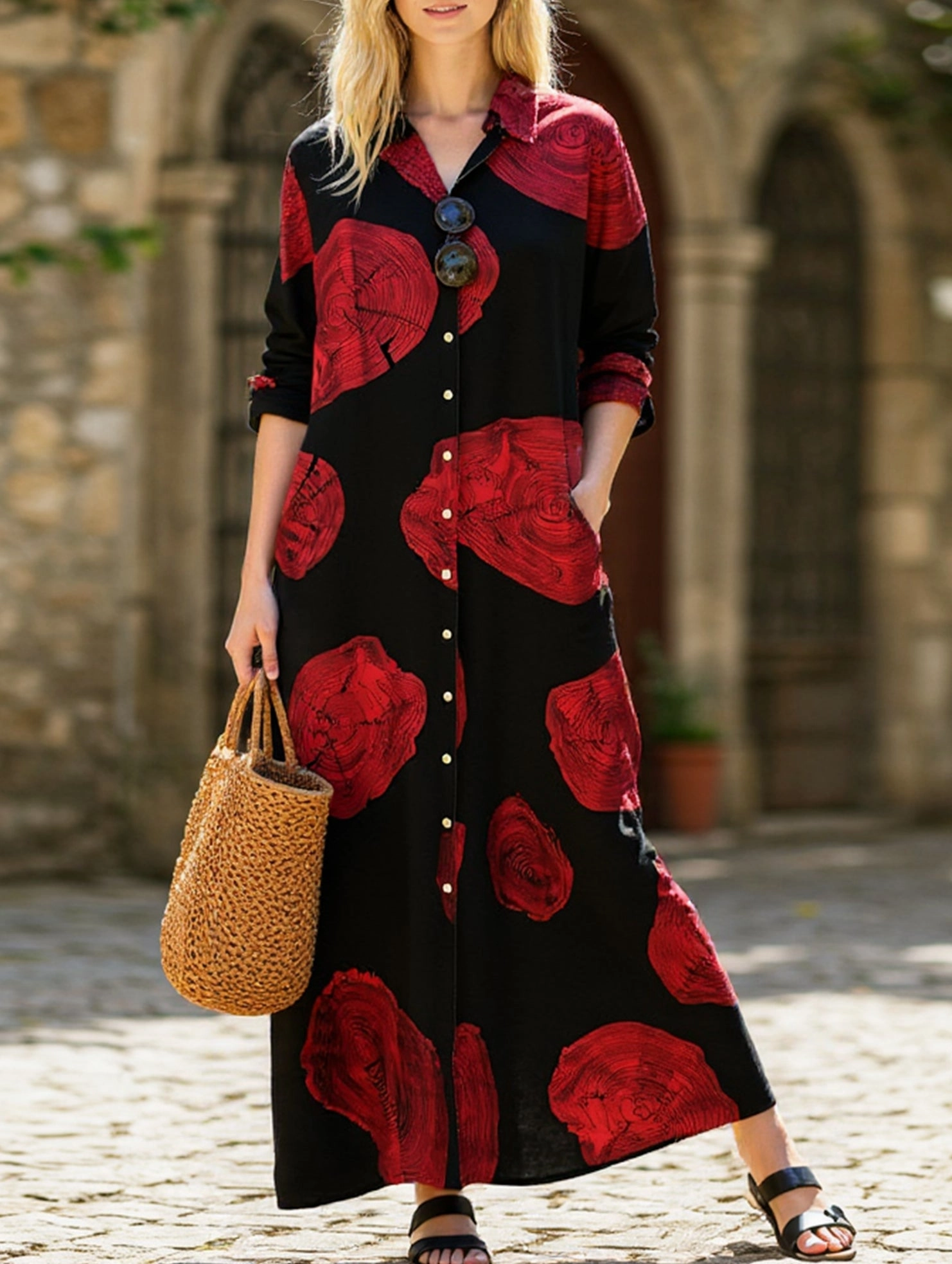 Contrast-Lining Simple loose casual long shirt dress