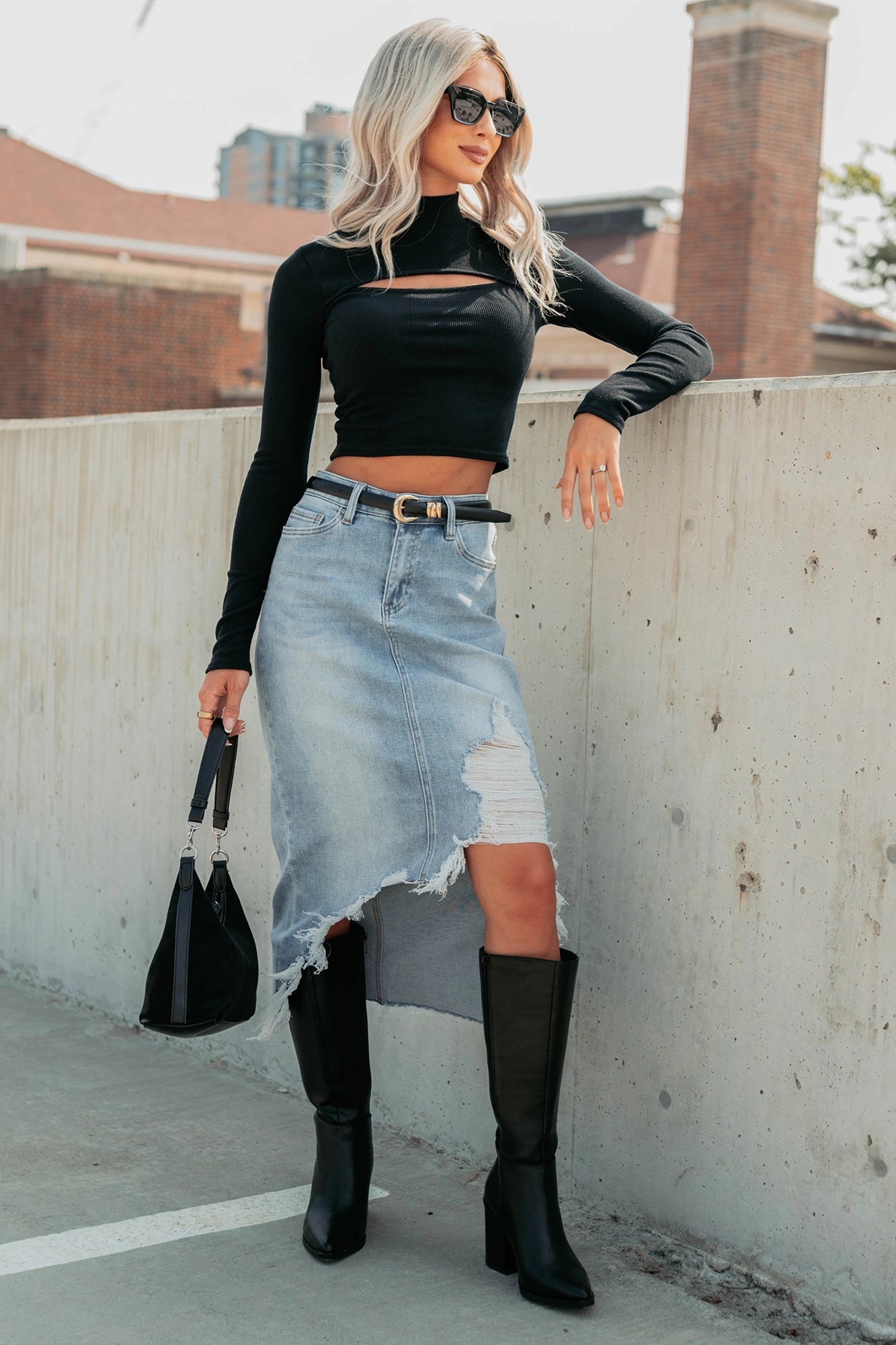 Fearless Energy Distressed Midi Skirt (Wild Blue) Versatile staple