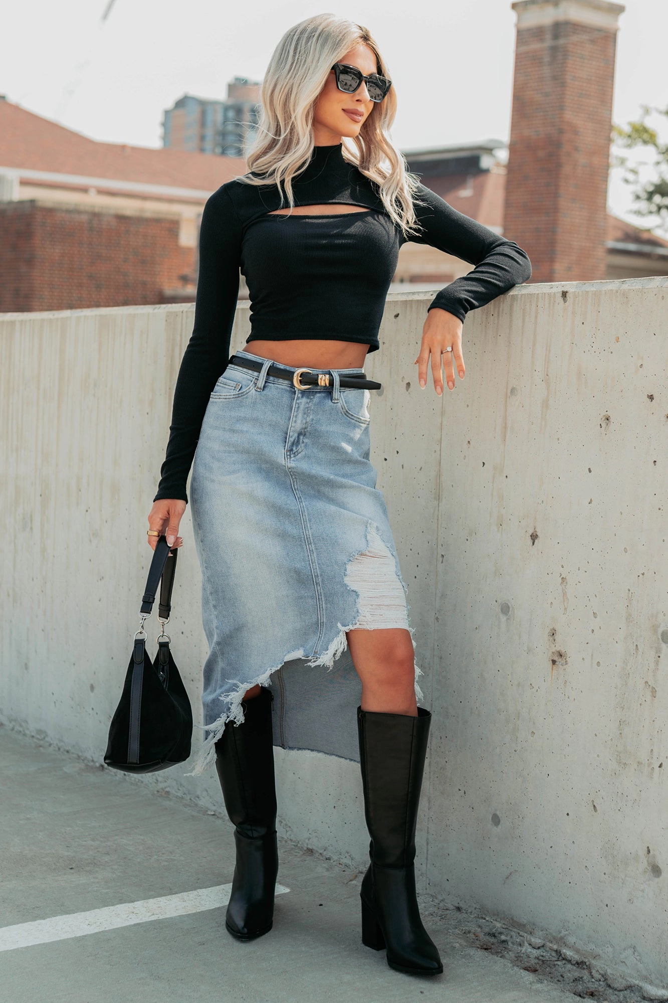 Shirred Back Structured Shape Fearless Energy Distressed Midi Skirt (Wild Blue)