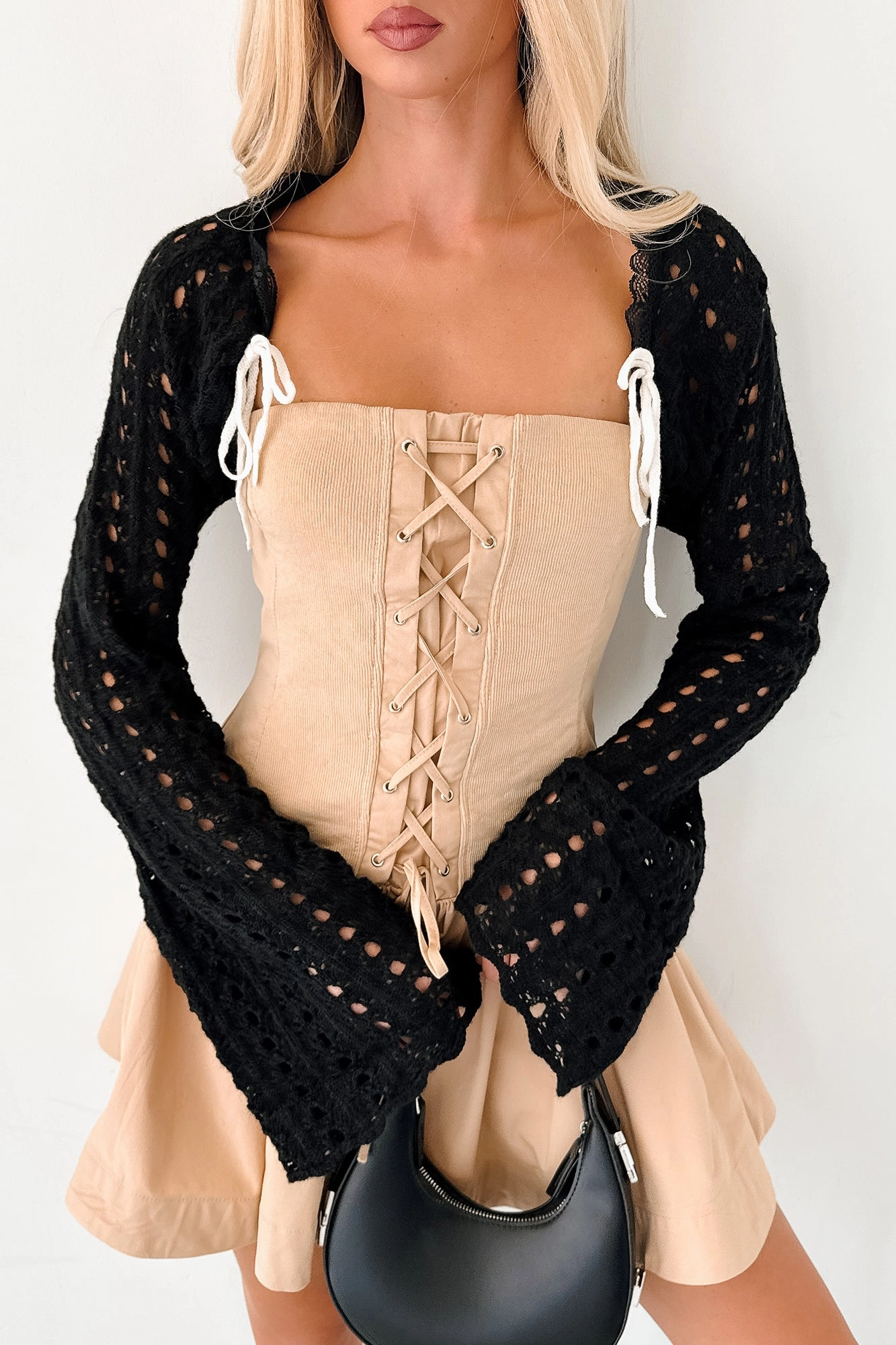 ZipClosure Ventilated Side Panels Quiet Chic Crochet Bolero Shrug (Black)