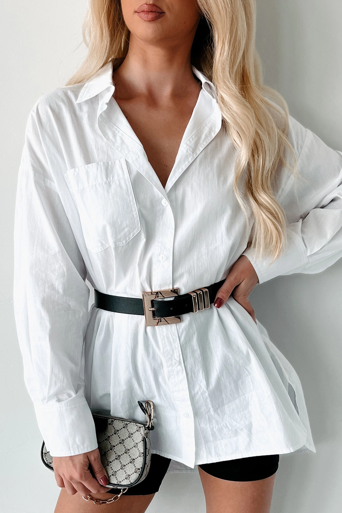 Modernly Classic Oversized Button-Up Shirt (White) Fray Resistant Edges Relaxed Blouse