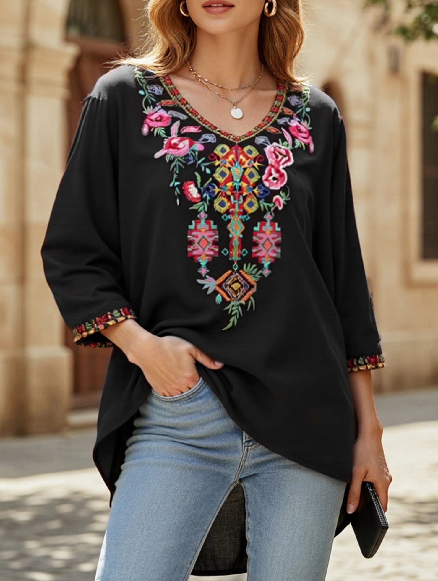 COTTON V-NECK STYLE EMBROIDERED TOP BondedSeams