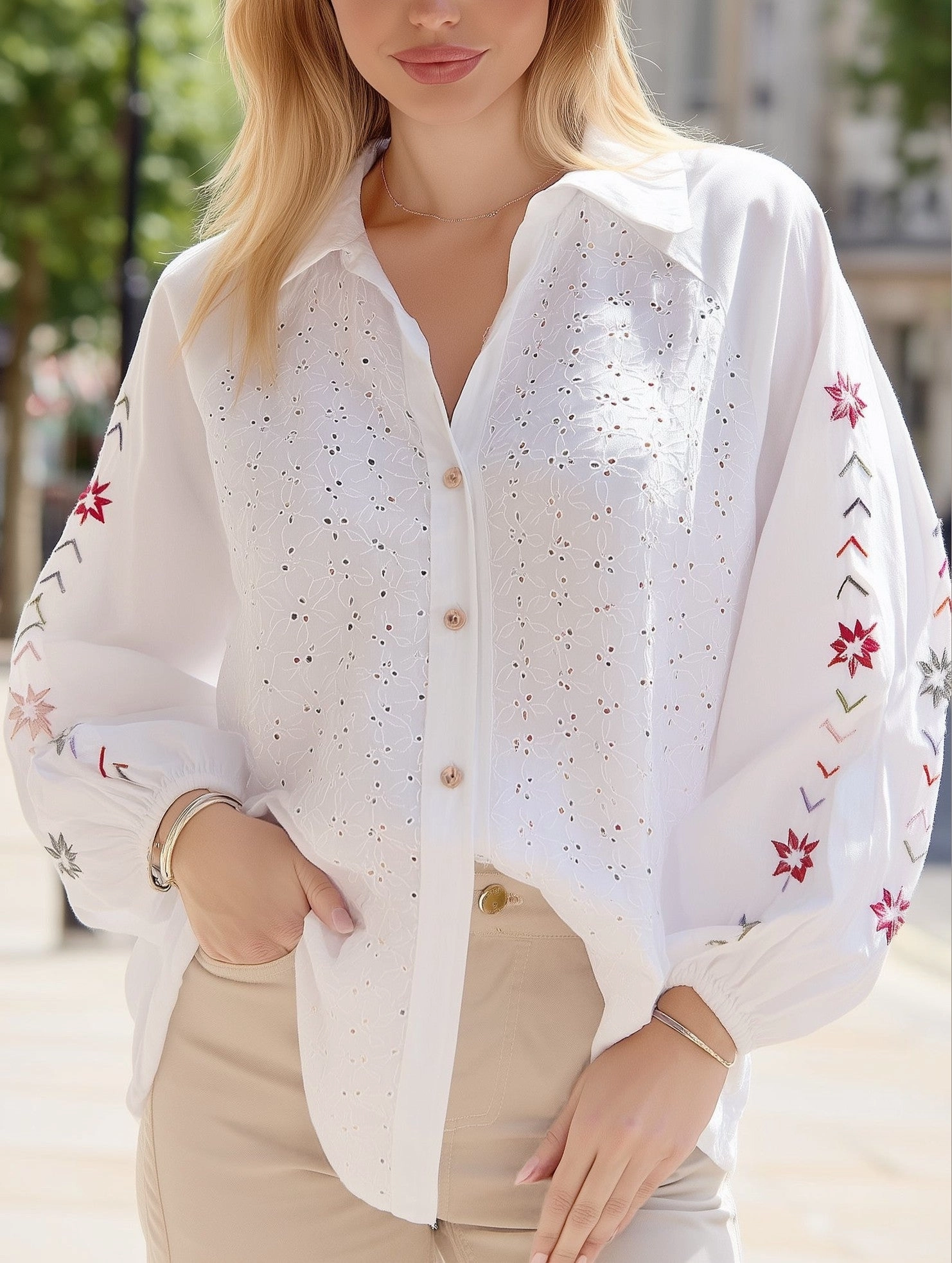 Embroidered Eyelet Shirt ??Balloon Sleeve Vintage Blouse Sport Hoodie