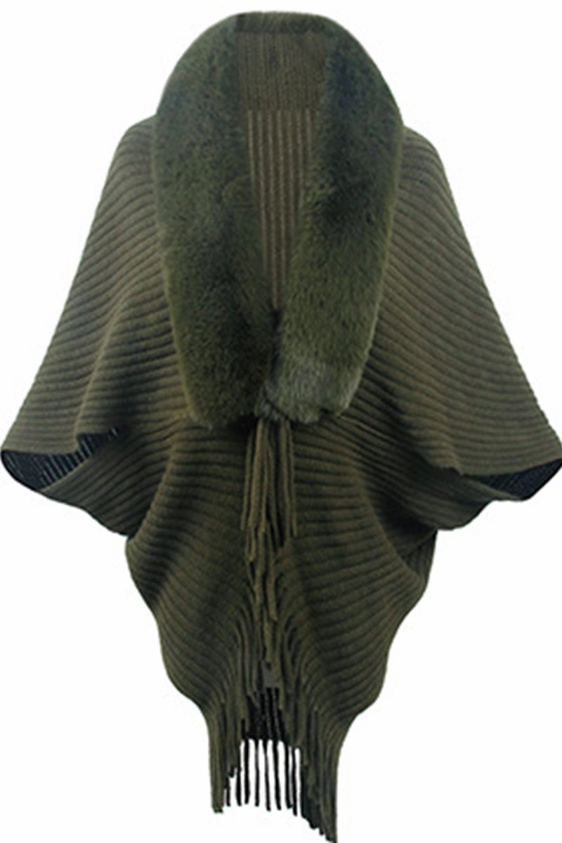 Contrast Stitch Accent Layered Panel Design WOMEN WINTER FURRY TASSEL DETAILED SHAWL WRAP