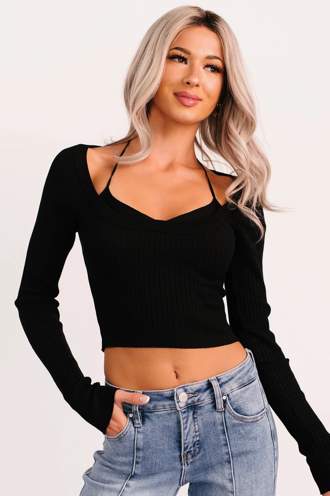 Main Character Era Layered Ribbed Knit Top (Black) ReinforcedShoulderConstruction RawEdgedDesign