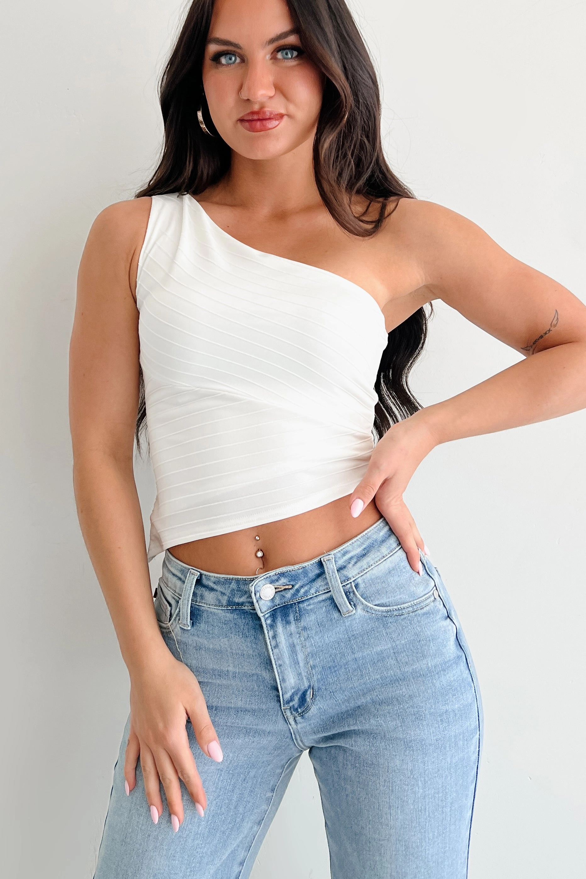 Slow & Sweet One Shoulder Top (Off White) YarnDyedFabric