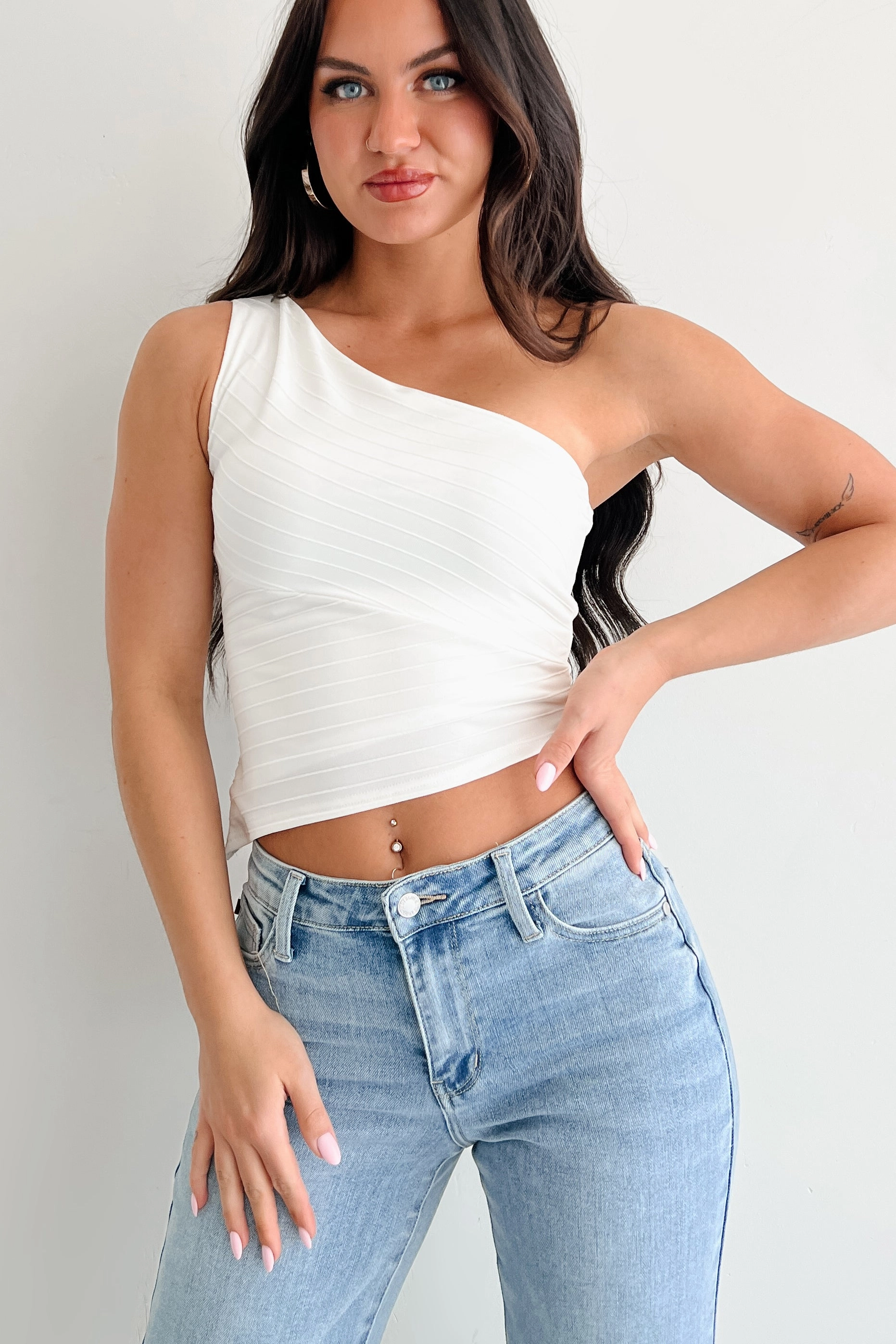 Garment Washed Slow & Sweet One Shoulder Top (Off White)