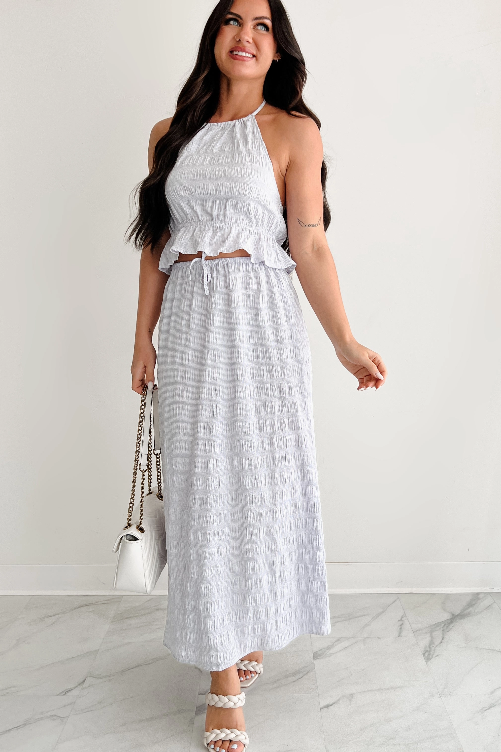 Street Ready Tiered Layers Dreaming Away Gingham Halter & Maxi Skirt Set (Lilac/White)