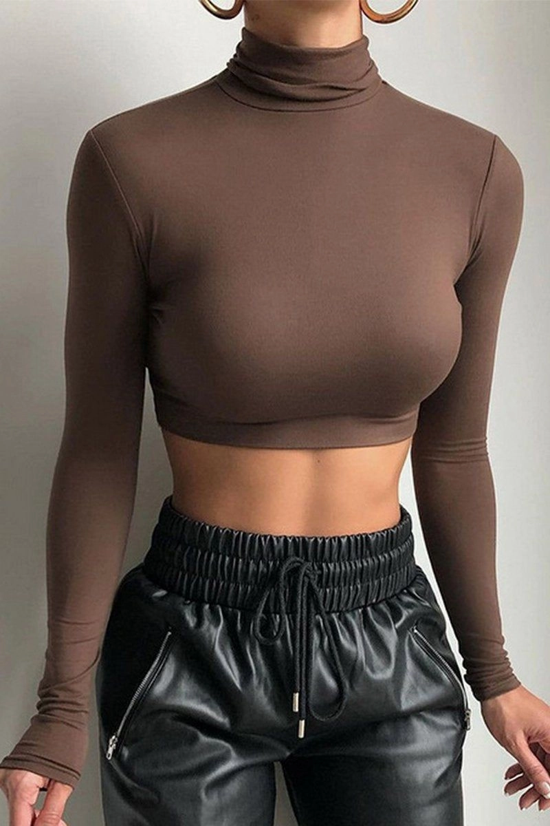 Classic Crewneck Design Elegant Cut WOMEN HIGH NECK LONG SLEEVE FITTED SEXY CROP TOP