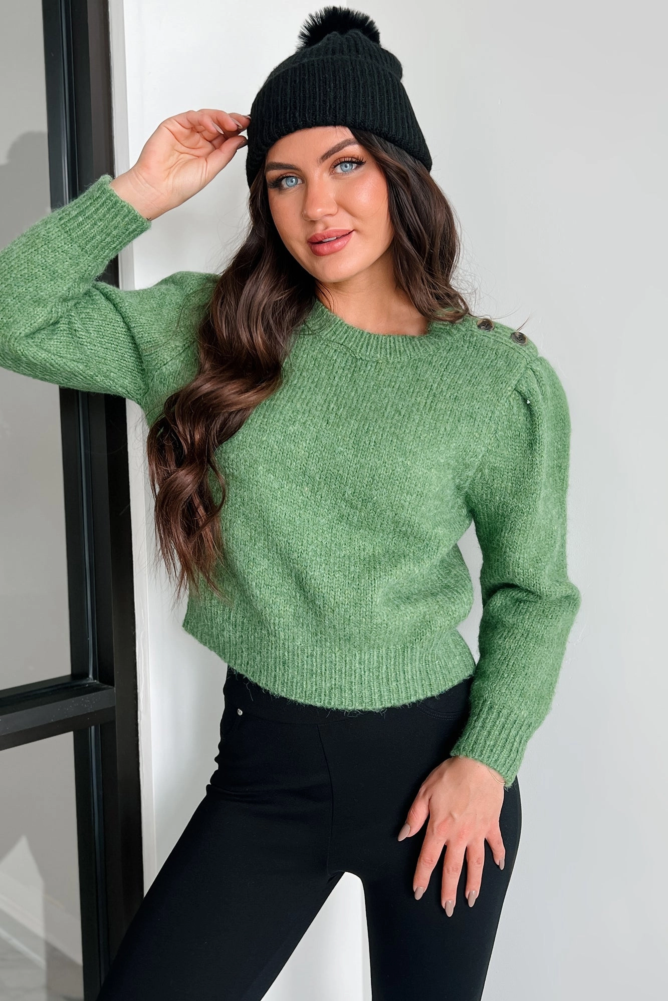 Committed To Cozy Shoulder Button Sweater (Green) TexturedSurface