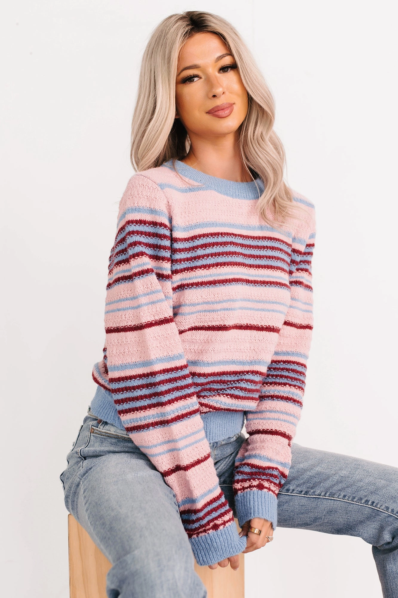 Pure Sunshine Striped Knit Sweater (Pink/Blue/Wine) StretchComfort