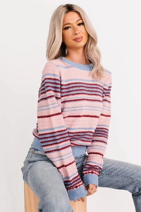 Flowing Design Pure Sunshine Striped Knit Sweater (Pink/Blue/Wine)