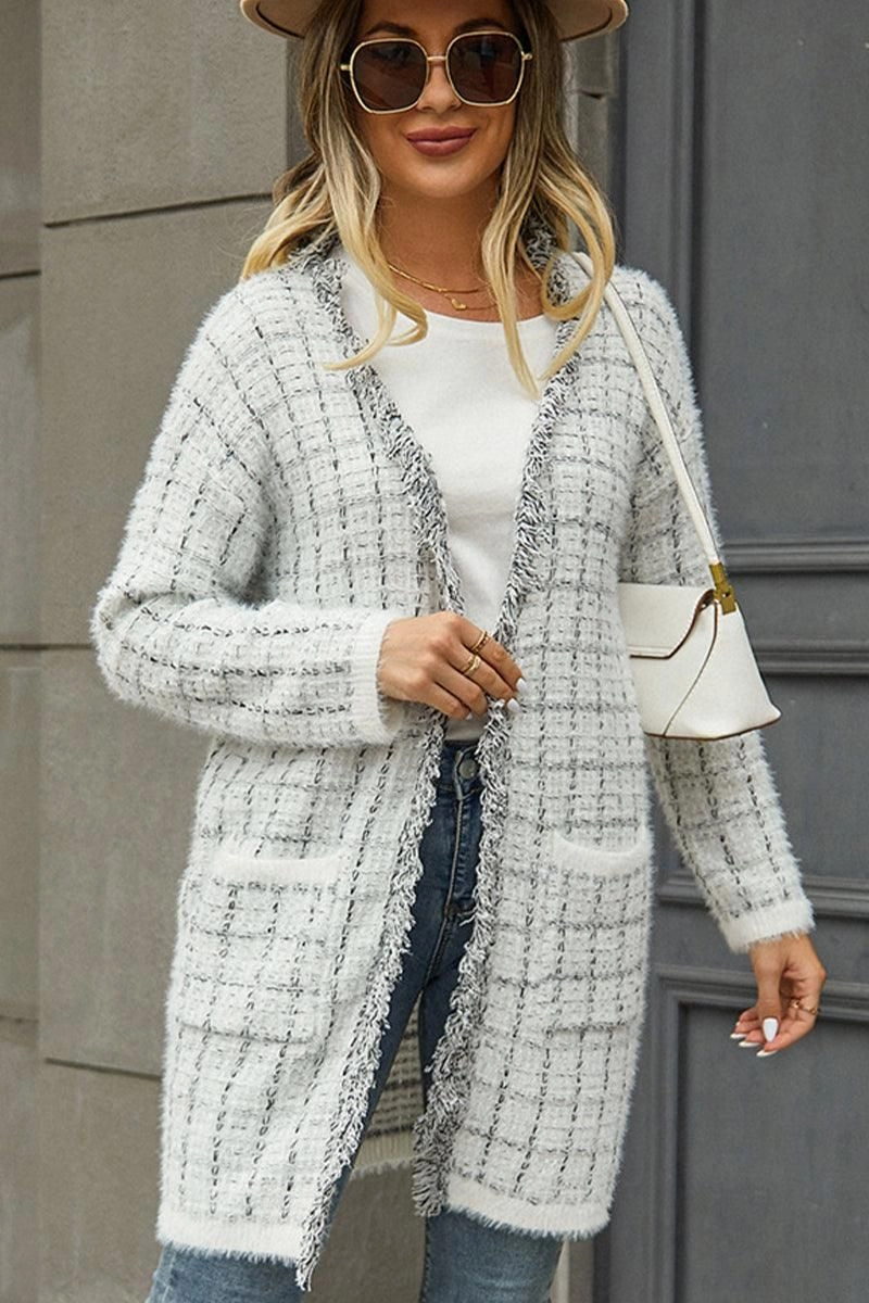 Textured Weave EcoFriendlyTexture DISTRESSED PLAID PATTERN CARDIGAN FOR WOMEN