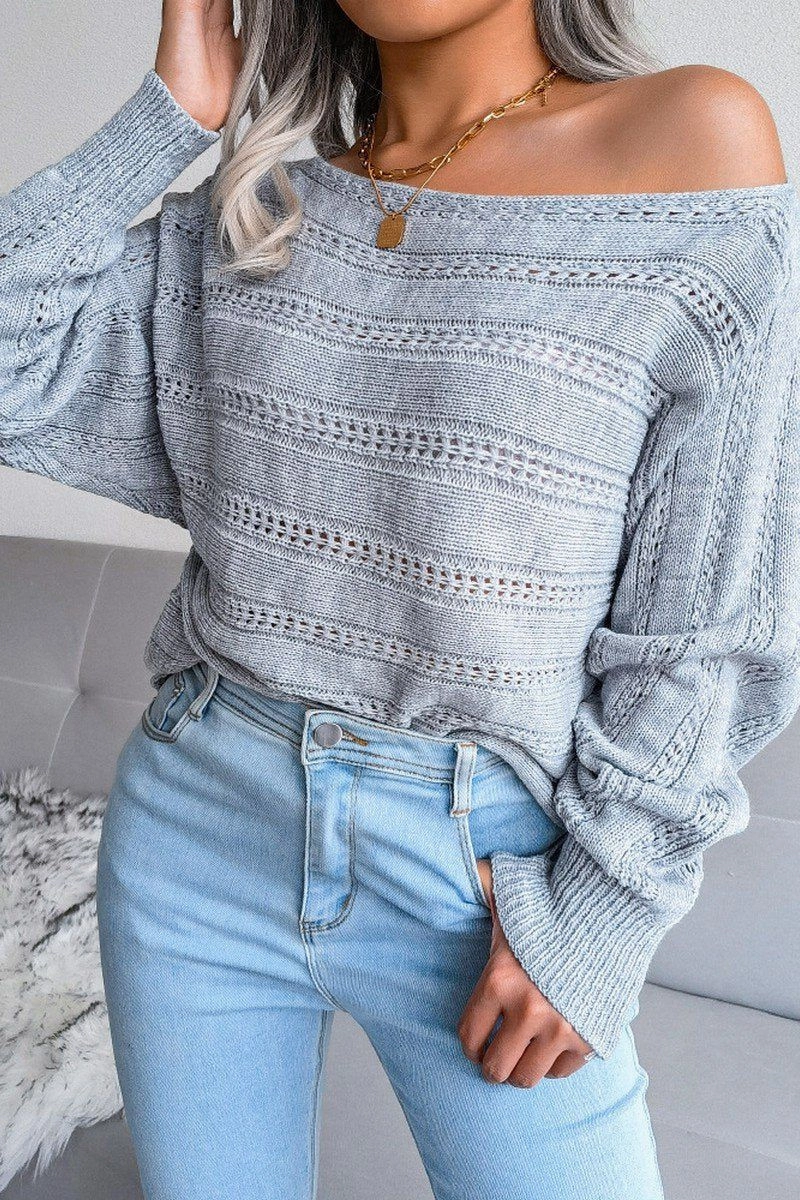 Sun Protective Fabric WOMEN CABLE KNIT BOAT NECK OVERSIZED SWEATER
