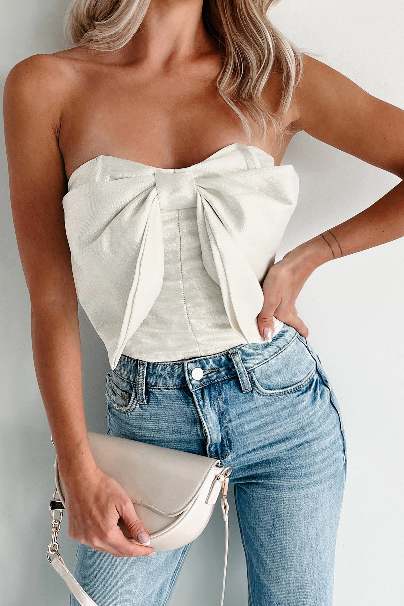 Flirty Glamour Strapless Bow Crop Top (Off White) ReinforcedEdges Flexible Ribbed Cuffs