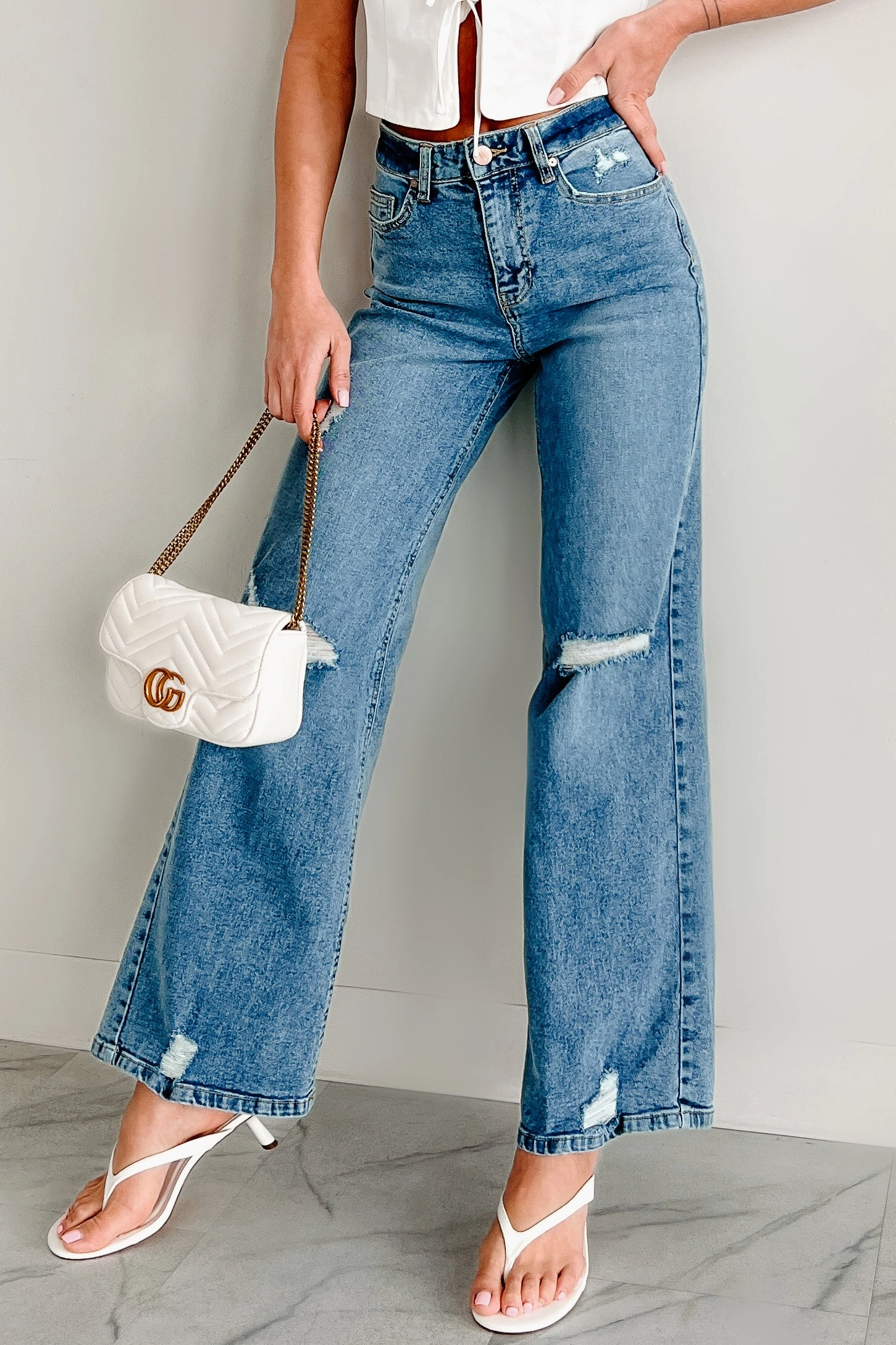 Reflective accents Printed design Molly High Rise Wide Leg Distressed Indigo Reign Jeans (Medium Light)